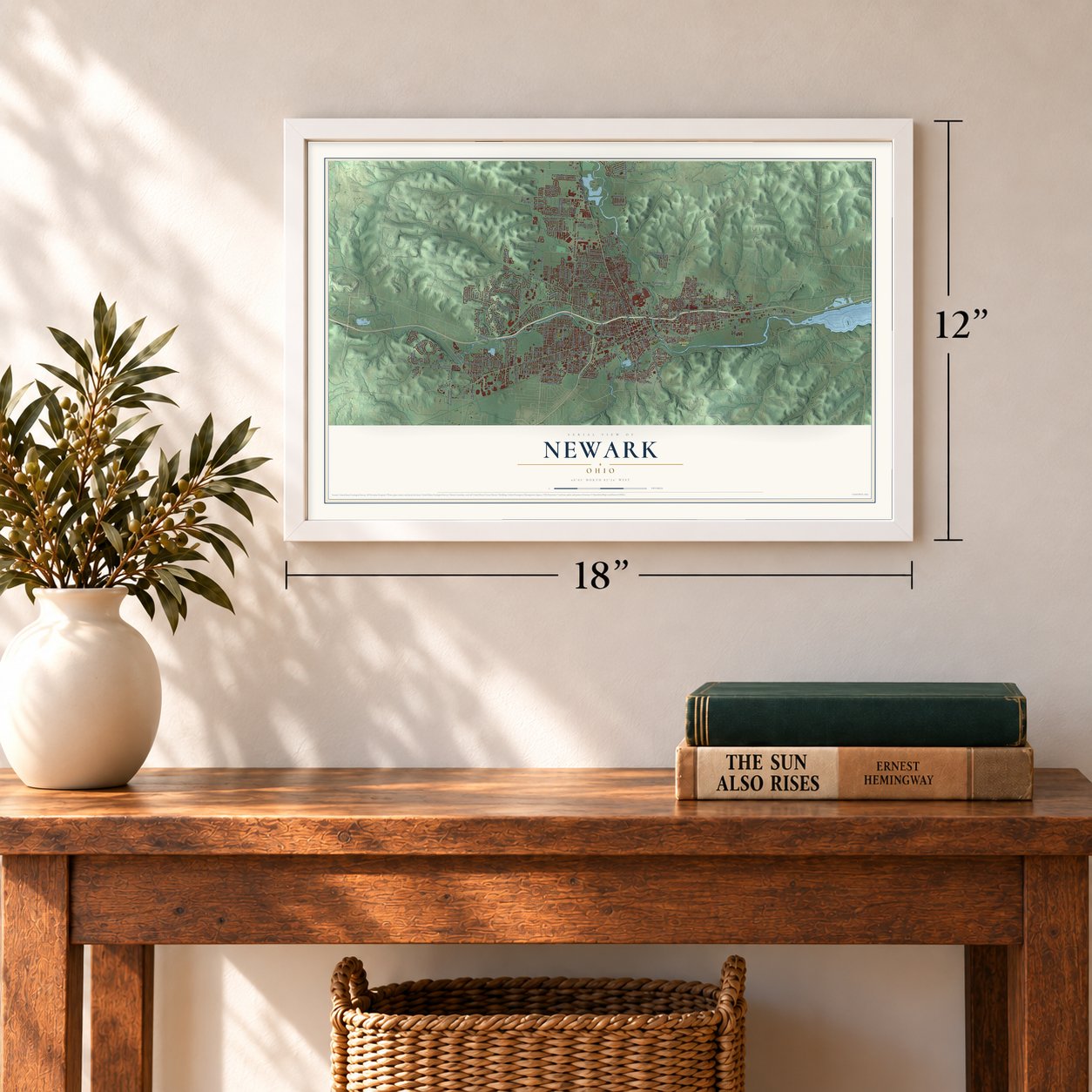 Newark, Ohio map, 12 x 18 inch print in a white frame in an entryway
