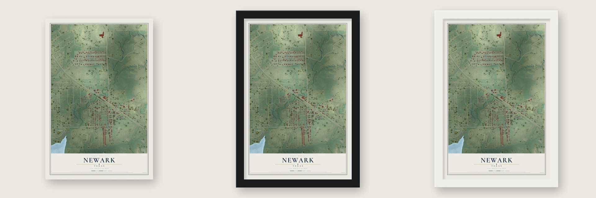 Newark, Texas map unframed, in a black wood frame and in a white wood frame
