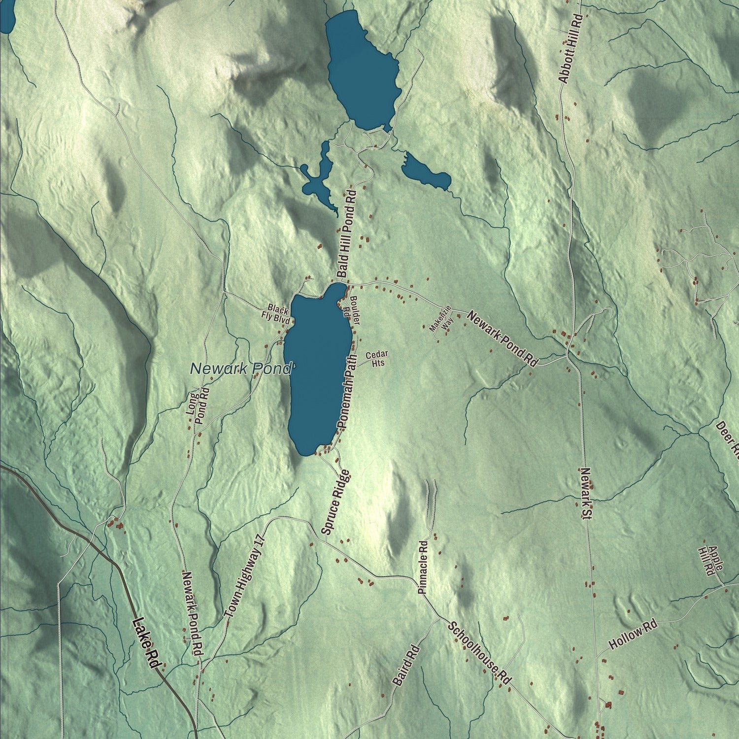 Close-up of the map of Newark, Vermont print showing terrain and local geography