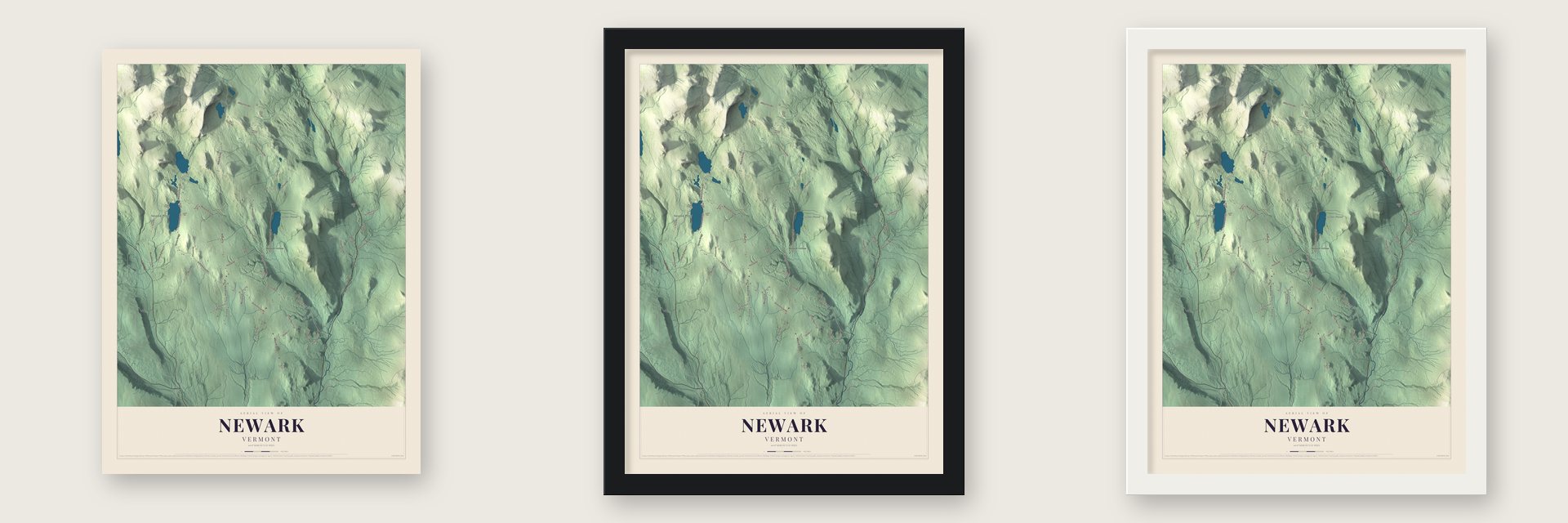 Newark, Vermont map unframed, in a black wood frame and in a white wood frame