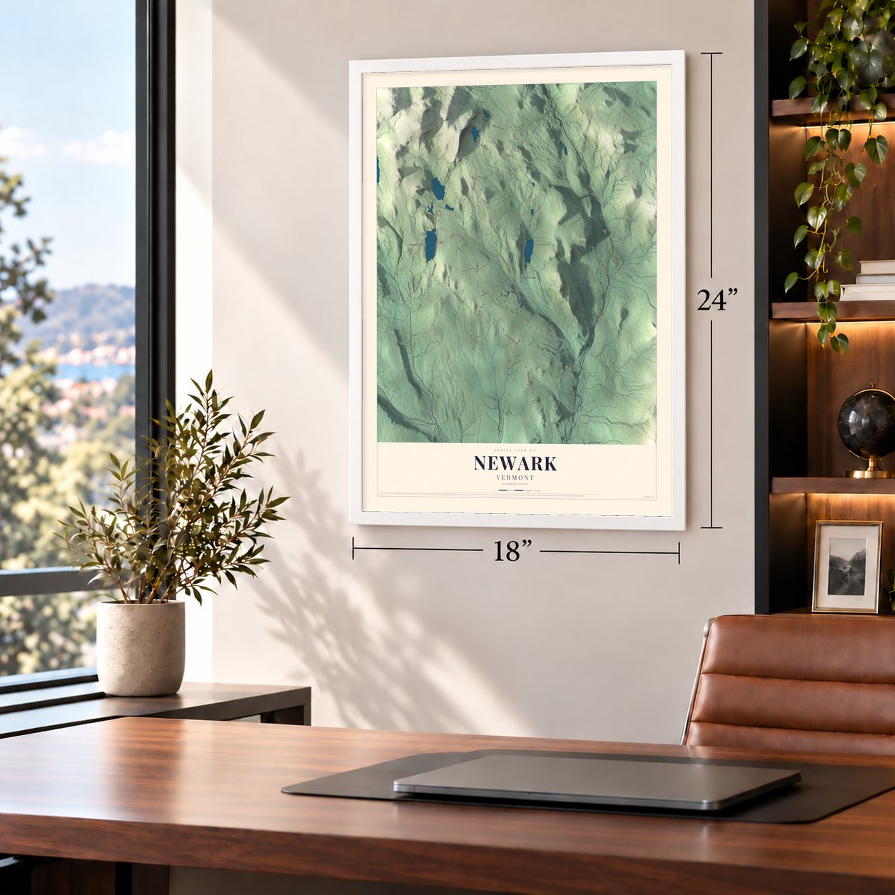 Newark, Vermont map, 18 x 24 inch print in a white frame in a home office