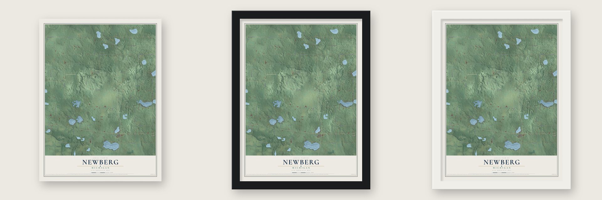 Newberg, Michigan map unframed, in a black wood frame and in a white wood frame