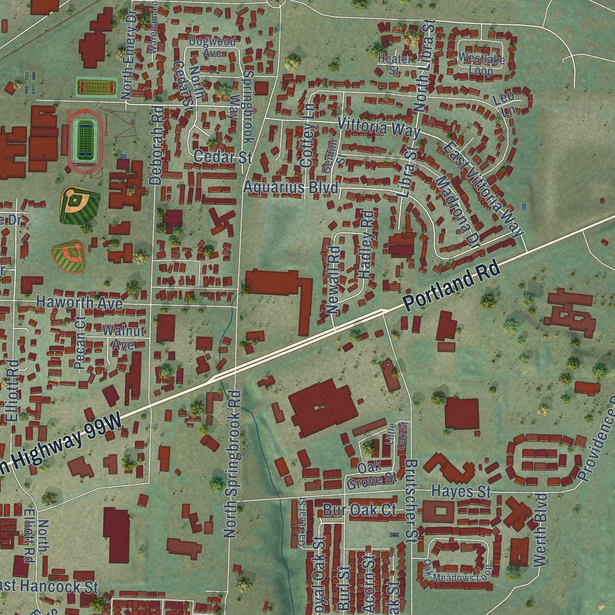 Second close-up of the map of Newberg, Oregon print showing more streets and buildings