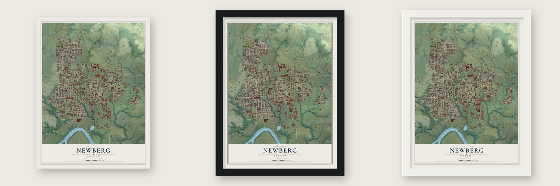 Newberg, Oregon map unframed, in a black wood frame and in a white wood frame