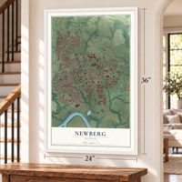 Newberg, Oregon map, 24 x 36 inch print in a white frame by a staircase