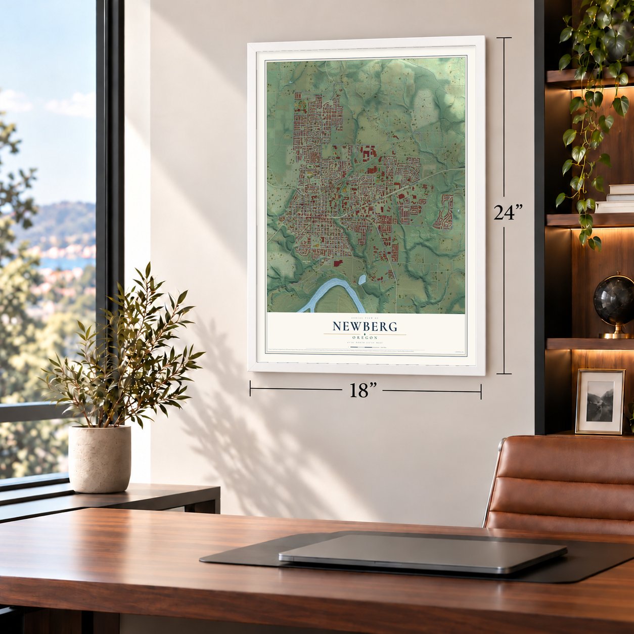 Newberg, Oregon map, 18 x 24 inch print in a white frame in a home office