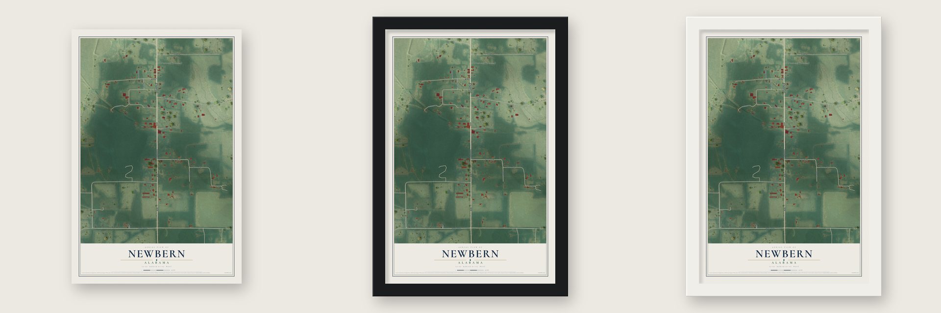 Newbern, Alabama map unframed, in a black wood frame and in a white wood frame