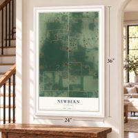 Newbern, Alabama map, 24 x 36 inch print in a white frame by a staircase