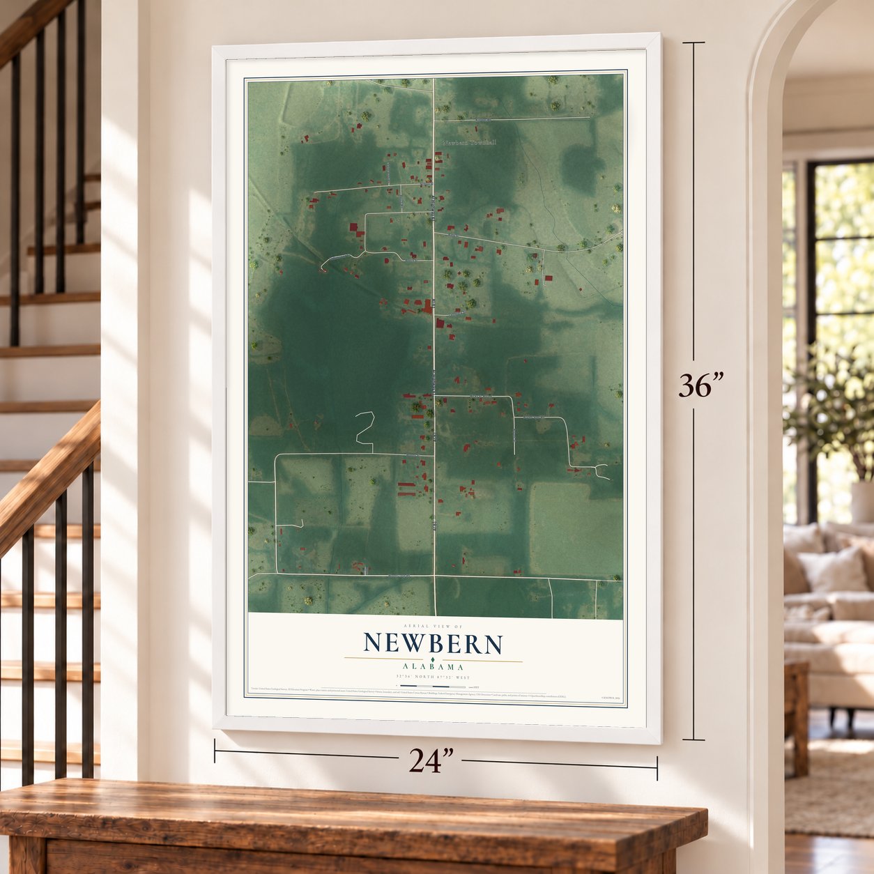 Newbern, Alabama map, 24 x 36 inch print in a white frame by a staircase