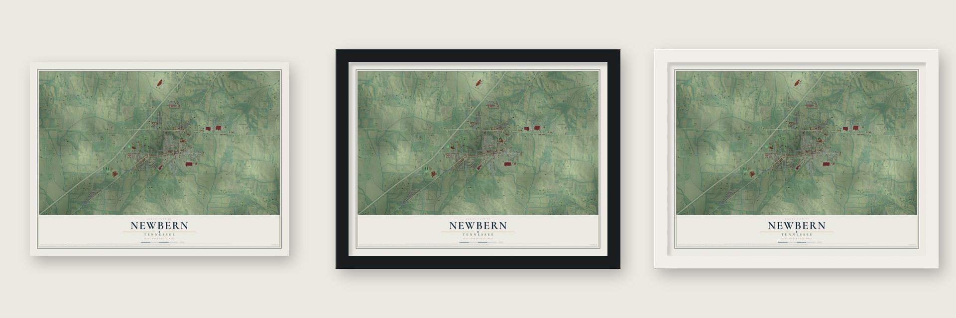 Newbern, Tennessee map unframed, in a black wood frame and in a white wood frame