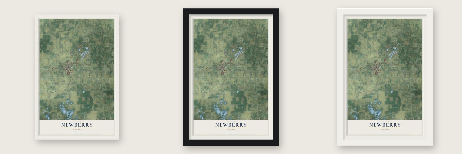 Newberry, Florida map unframed, in a black wood frame and in a white wood frame