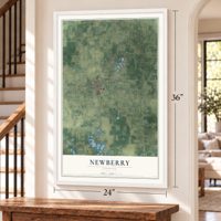 Newberry, Florida map, 24 x 36 inch print in a white frame by a staircase