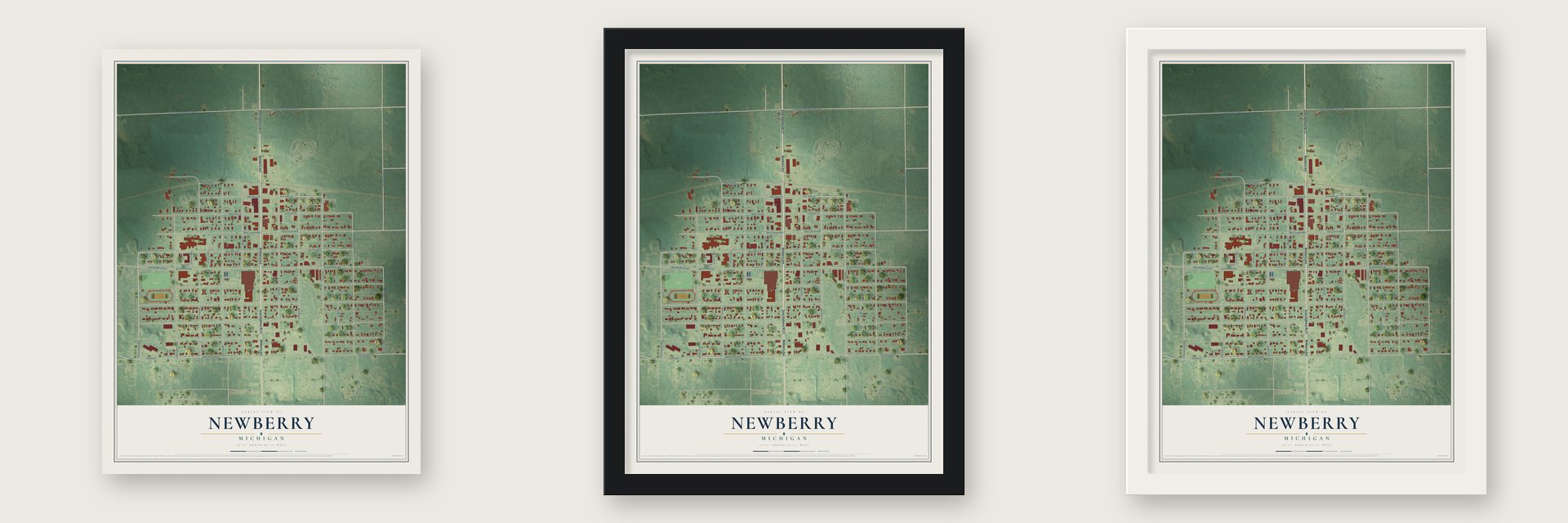 Newberry, Michigan map unframed, in a black wood frame and in a white wood frame