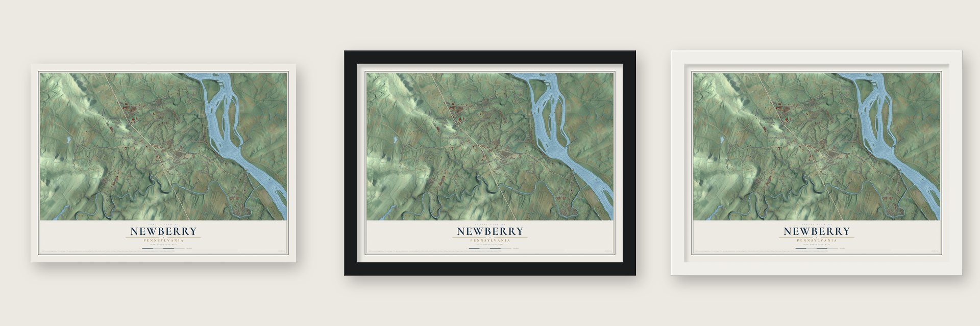 Newberry, Pennsylvania map unframed, in a black wood frame and in a white wood frame