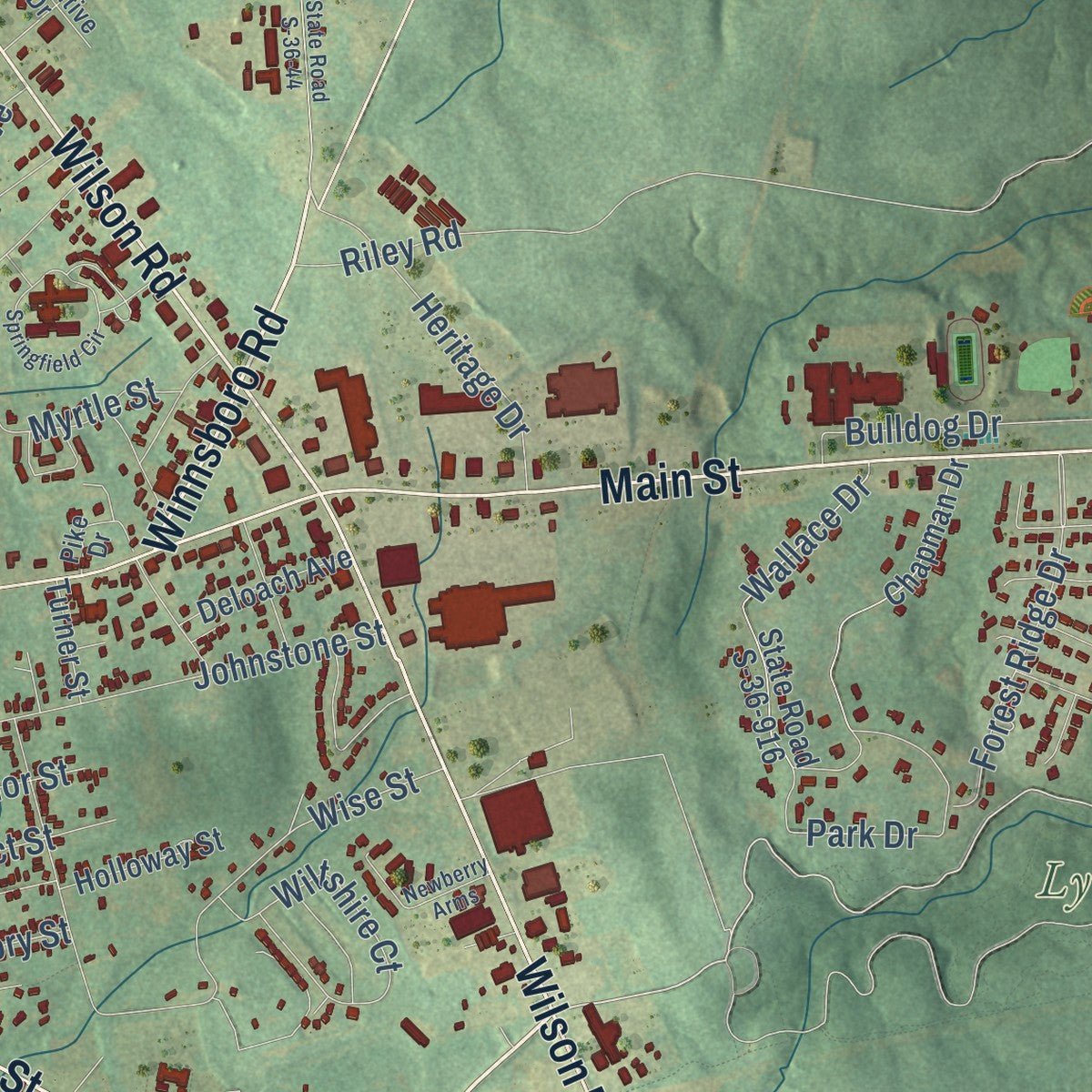Second close-up of the map of Newberry, South Carolina print showing more streets and buildings