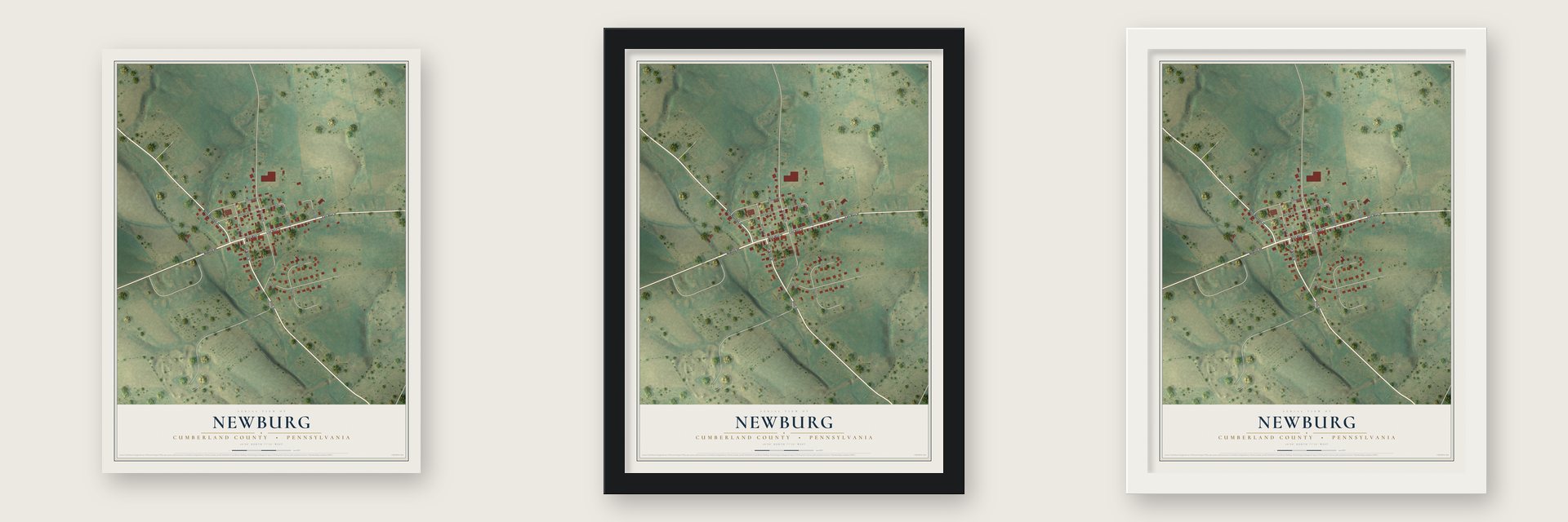 Newburg, Cumberland County, Pennsylvania map unframed, in a black wood frame and in a white wood frame