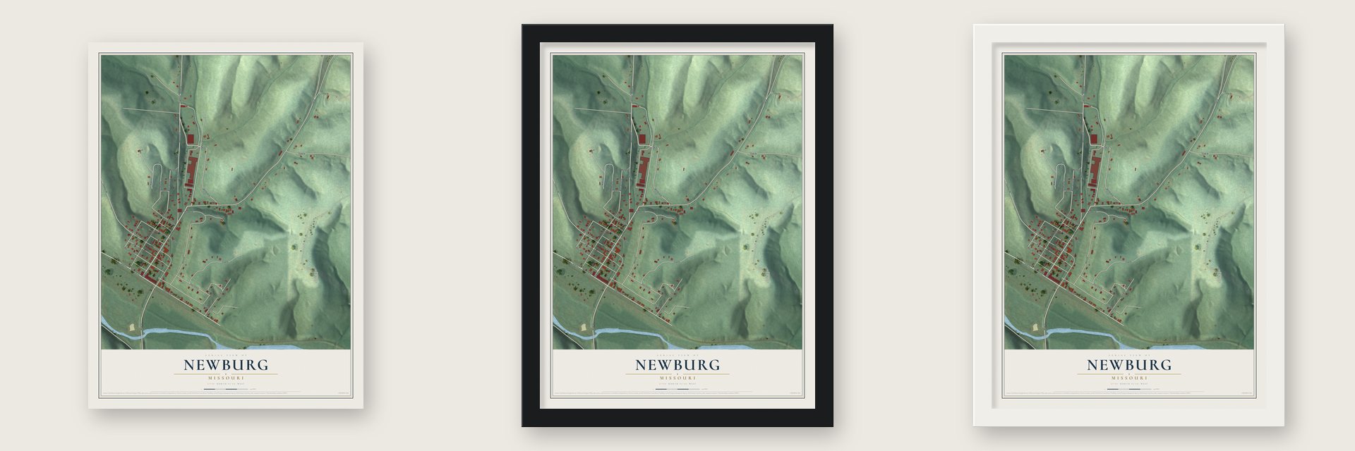 Newburg, Missouri map unframed, in a black wood frame and in a white wood frame