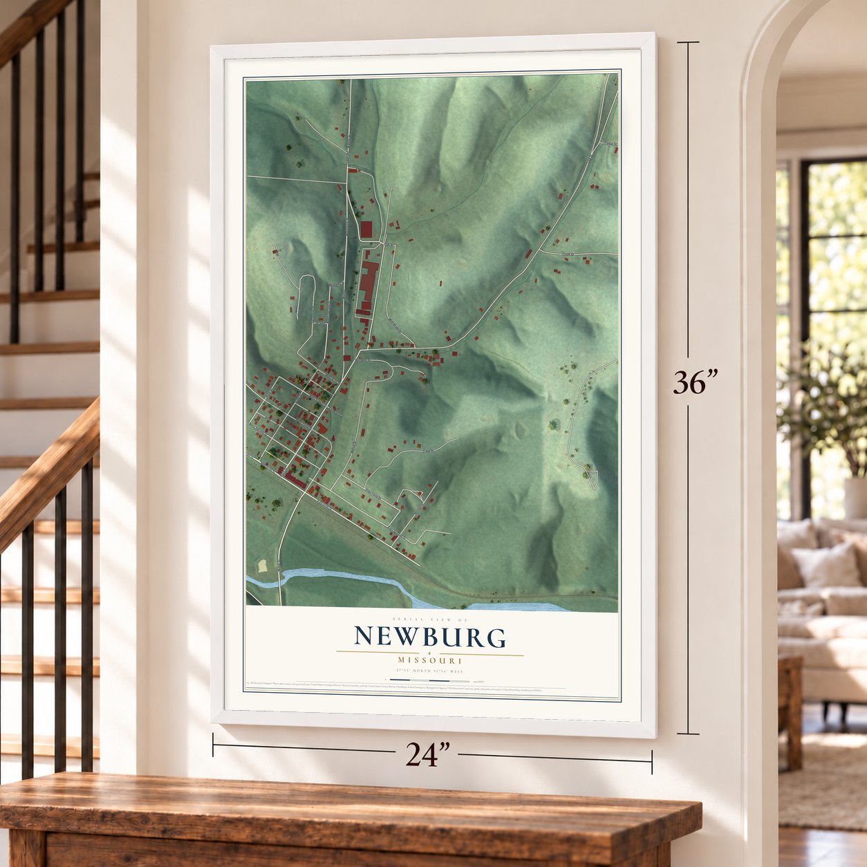 Newburg, Missouri map, 24 x 36 inch print in a white frame by a staircase
