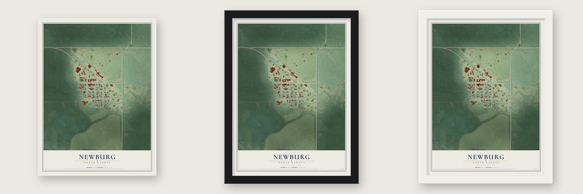Newburg, North Dakota map unframed, in a black wood frame and in a white wood frame