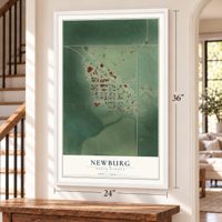Newburg, North Dakota map, 24 x 36 inch print in a white frame by a staircase