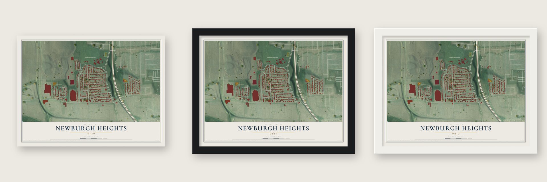 Newburgh Heights, Ohio map unframed, in a black wood frame and in a white wood frame