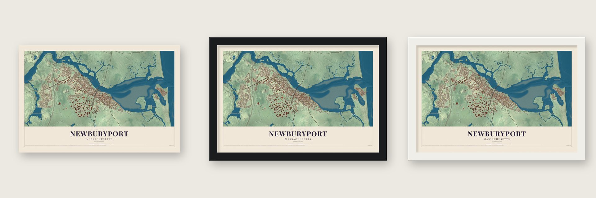 Newburyport, Massachusetts map unframed, in a black wood frame and in a white wood frame