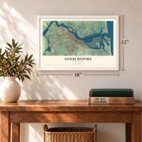 Newburyport, Massachusetts map, 12 x 18 inch print in a white frame in an entryway