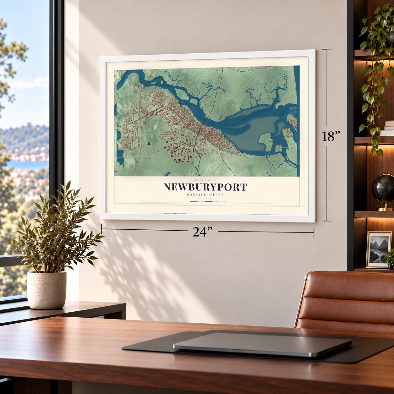 Newburyport, Massachusetts map, 18 x 24 inch print in a white frame in a home office
