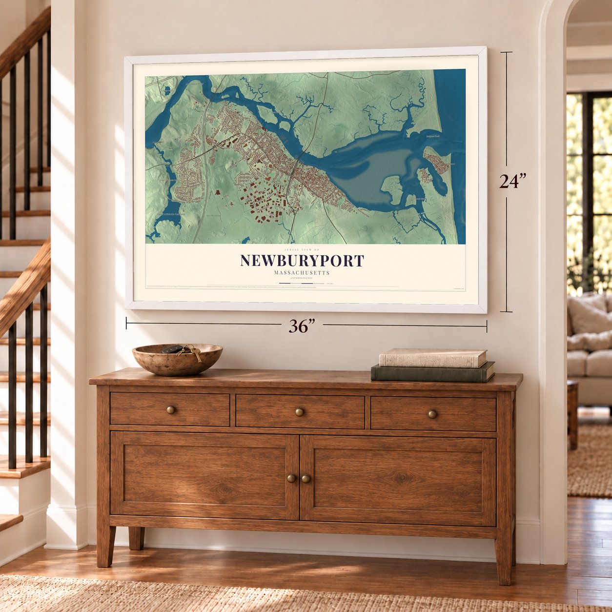 Newburyport, Massachusetts map, 24 x 36 inch print in a white frame above a dresser by a staircase