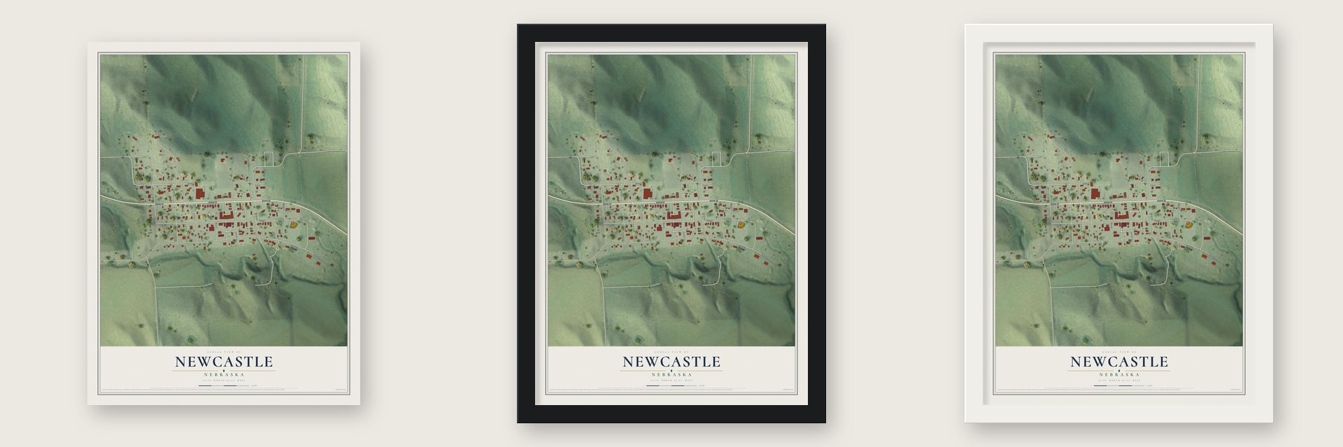 Newcastle, Nebraska map unframed, in a black wood frame and in a white wood frame