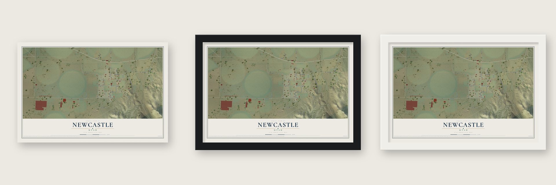 Newcastle, Utah map unframed, in a black wood frame and in a white wood frame