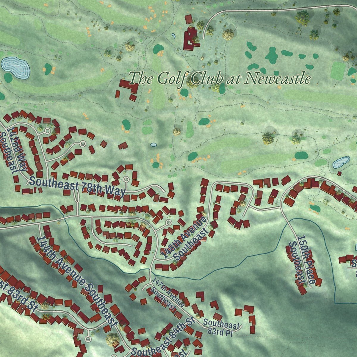 Second close-up of the map of Newcastle, Washington print showing more streets and buildings