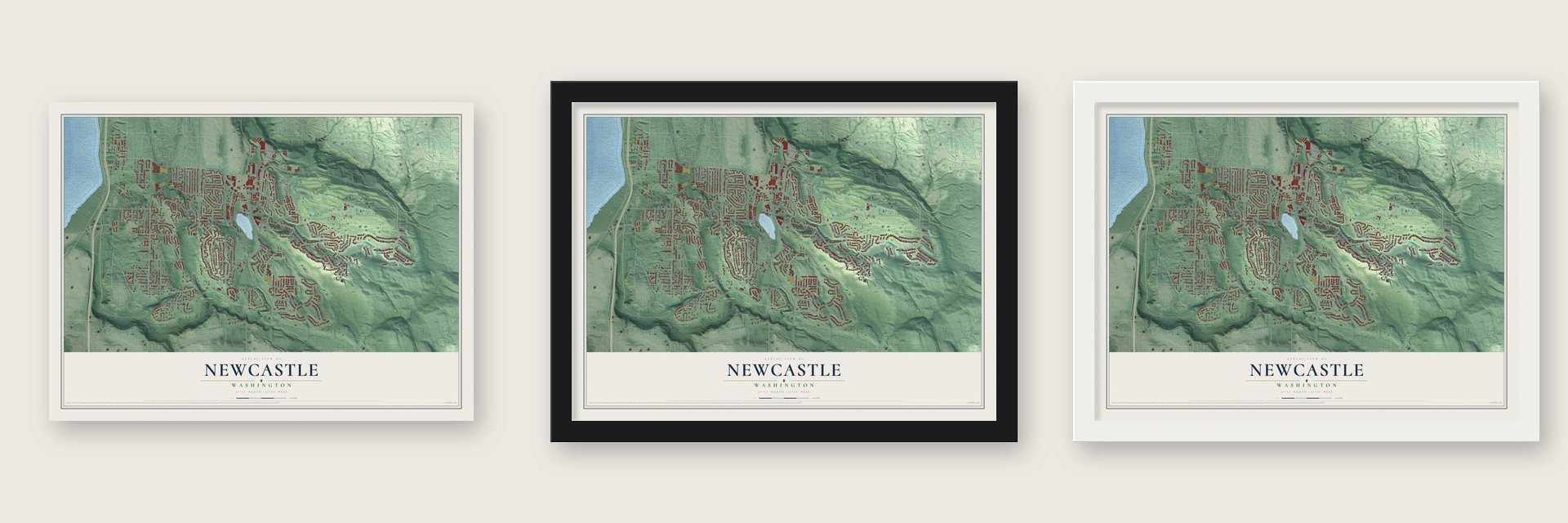 Newcastle, Washington map unframed, in a black wood frame and in a white wood frame