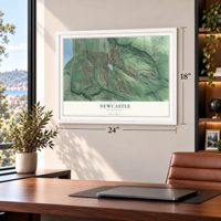 Newcastle, Washington map, 18 x 24 inch print in a white frame in a home office