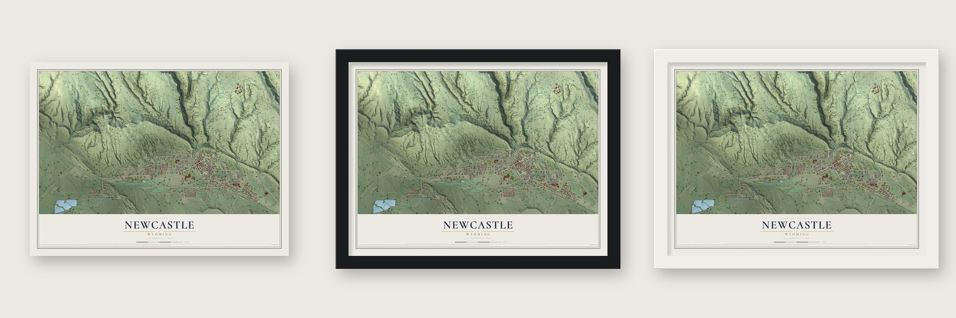 Newcastle, Wyoming map unframed, in a black wood frame and in a white wood frame