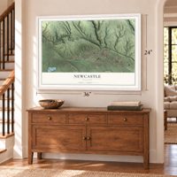 Newcastle, Wyoming map, 24 x 36 inch print in a white frame above a dresser by a staircase