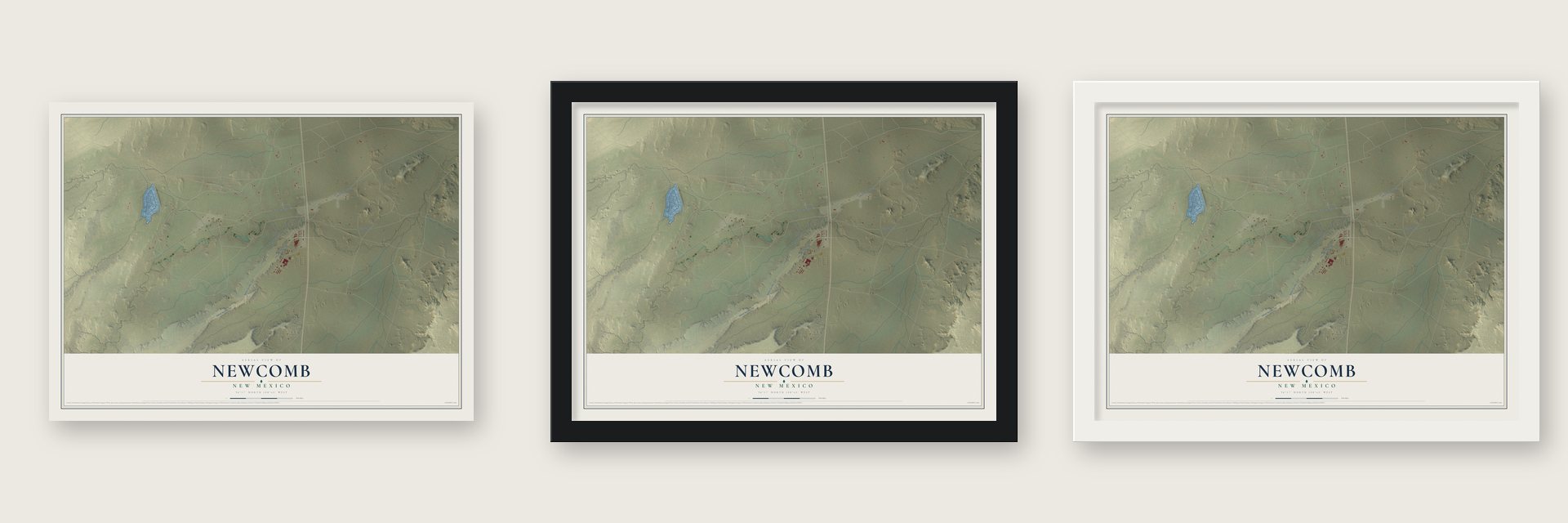 Newcomb, New Mexico map unframed, in a black wood frame and in a white wood frame