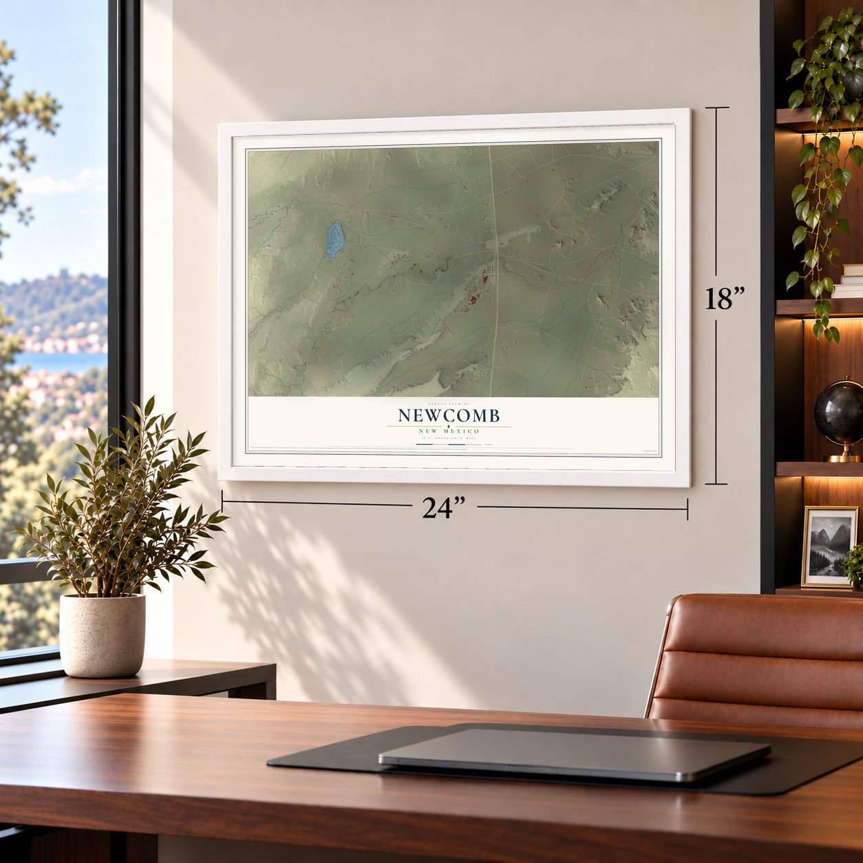 Newcomb, New Mexico map, 18 x 24 inch print in a white frame in a home office