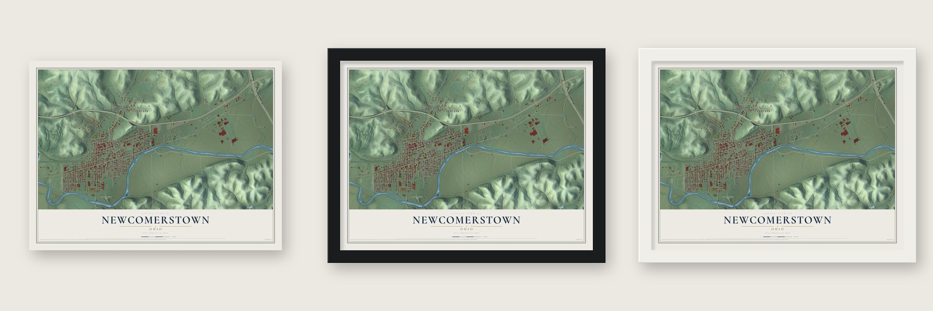 Newcomerstown, Ohio map unframed, in a black wood frame and in a white wood frame