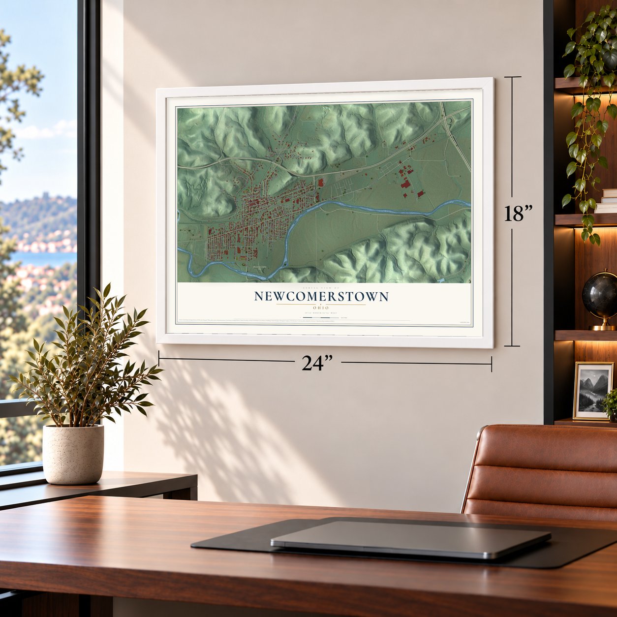 Newcomerstown, Ohio map, 18 x 24 inch print in a white frame in a home office