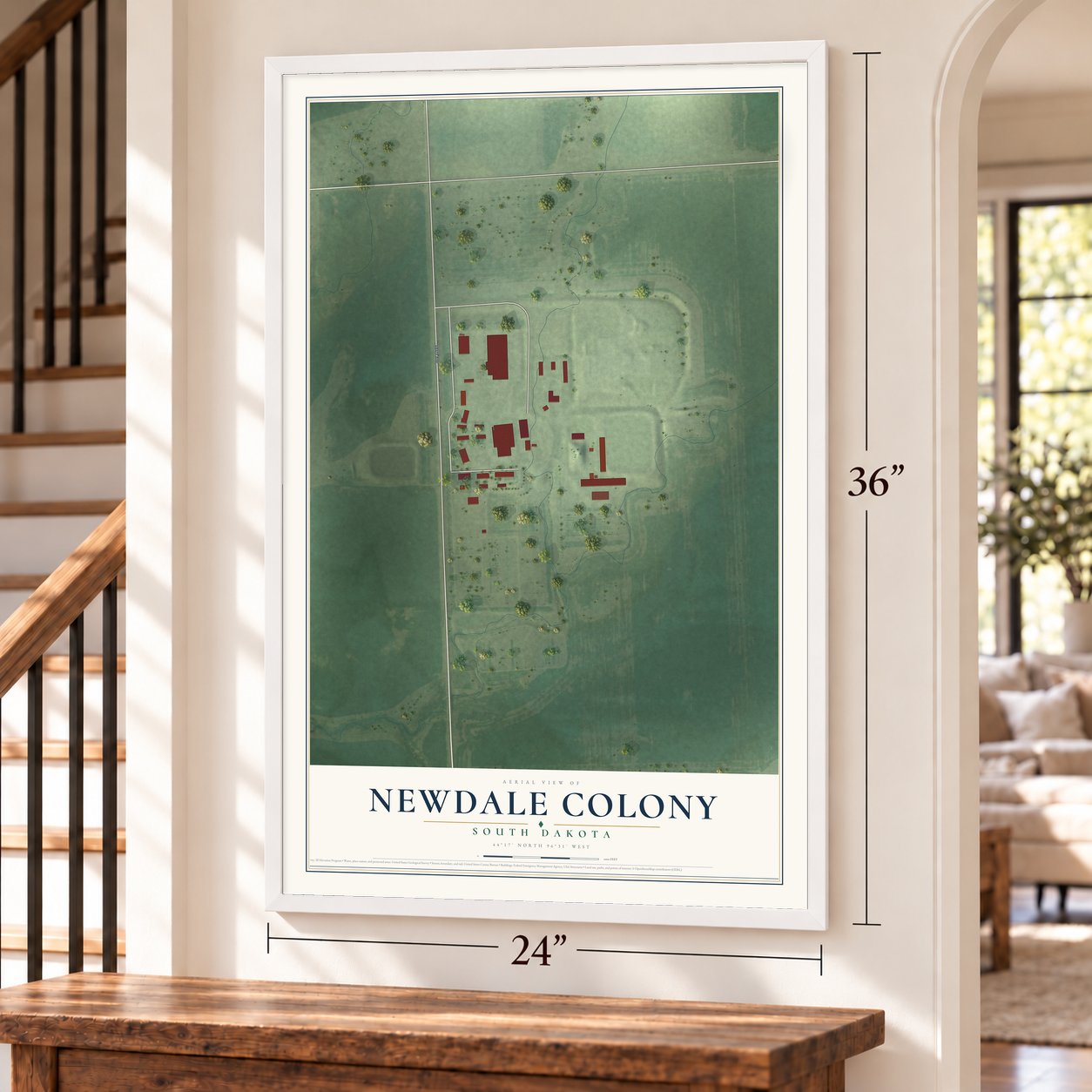 Newdale Colony, South Dakota map, 24 x 36 inch print in a white frame by a staircase