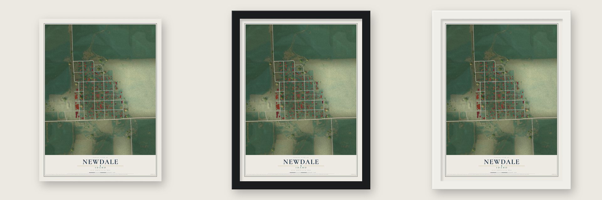 Newdale, Idaho map unframed, in a black wood frame and in a white wood frame