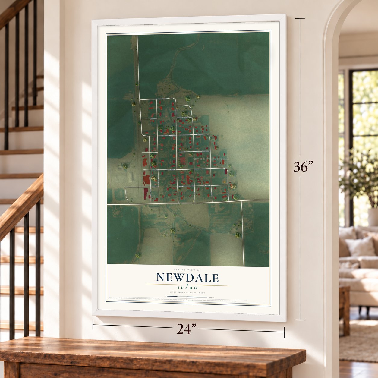 Newdale, Idaho map, 24 x 36 inch print in a white frame by a staircase