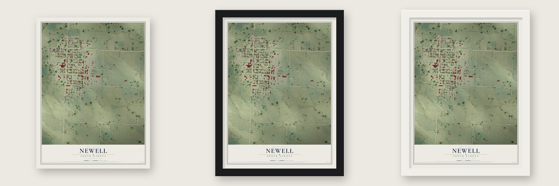 Newell, South Dakota map unframed, in a black wood frame and in a white wood frame