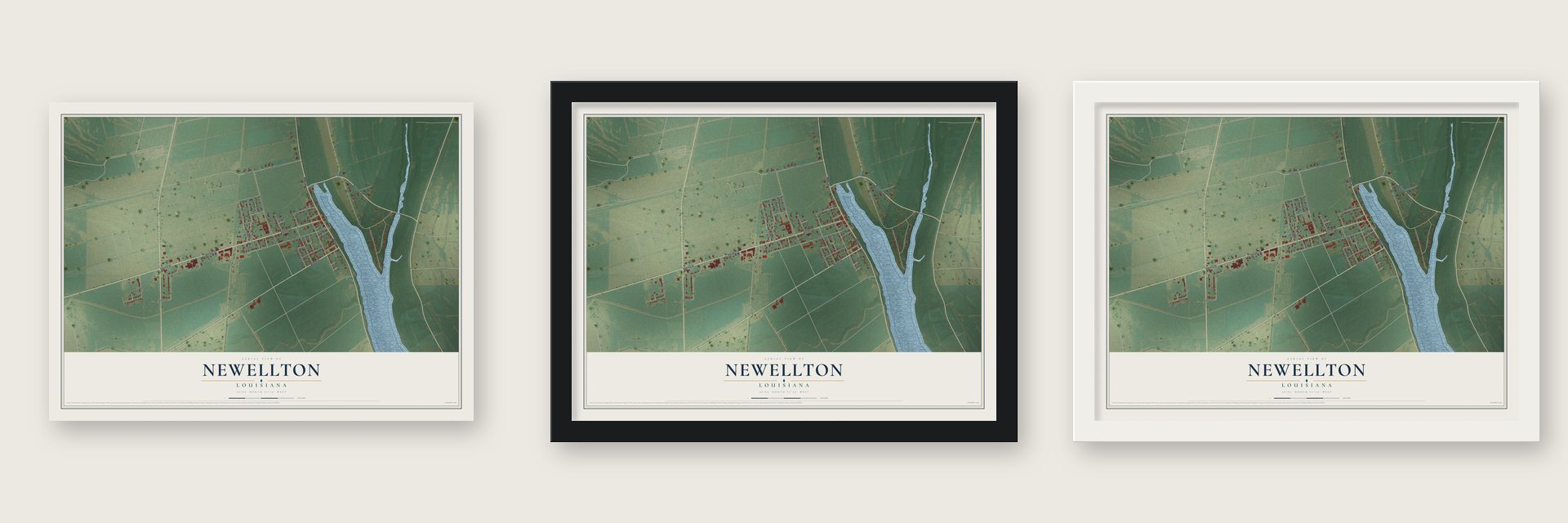 Newellton, Louisiana map unframed, in a black wood frame and in a white wood frame