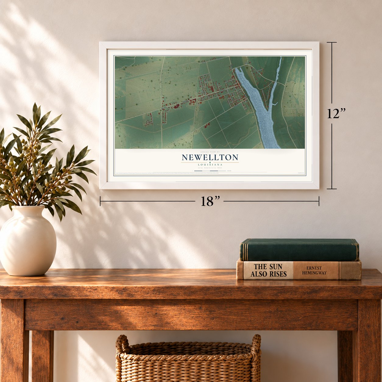 Newellton, Louisiana map, 12 x 18 inch print in a white frame in an entryway