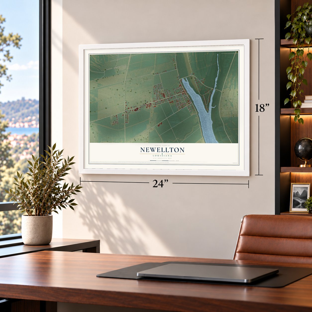 Newellton, Louisiana map, 18 x 24 inch print in a white frame in a home office