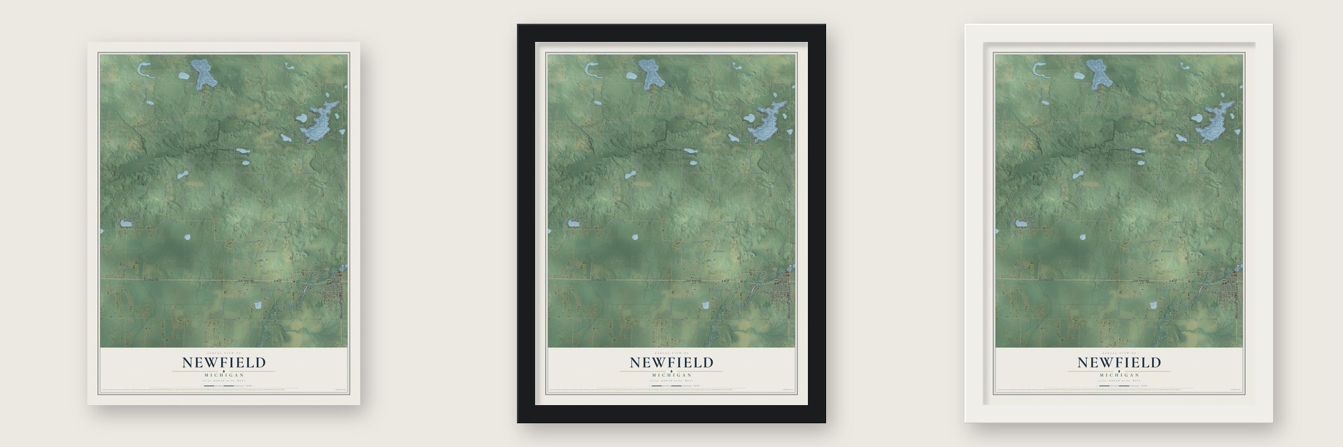Newfield, Michigan map unframed, in a black wood frame and in a white wood frame