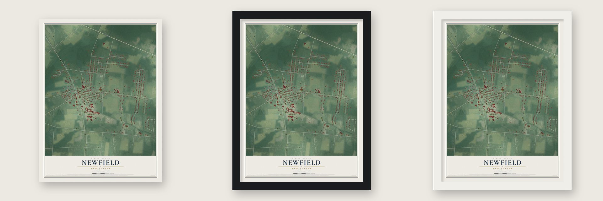 Newfield, New Jersey map unframed, in a black wood frame and in a white wood frame