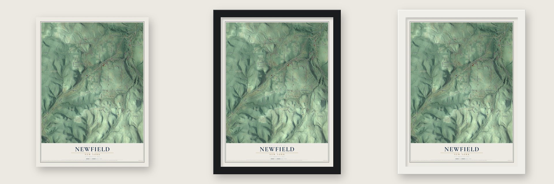 Newfield, New York map unframed, in a black wood frame and in a white wood frame